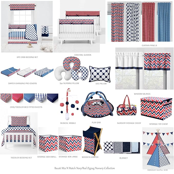 Bacati - Mix N Match 4 Pc Boys Toddler Bedding Set 100 Percent Cotton Includes Reversible Comforter, Fitted Sheet, Top Sheet, and Pillow Case for Boys (Navy/Red)