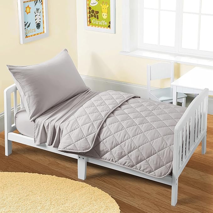 FLXXIE 4 Pieces Toddler Bedding Set, Soft and Breathable Microfiber Crib Sheet Set, Includes Quilted Comforter, Flat Top Sheet, Fitted Sheet, Envelope Pillow Case for Boys and Girls, Somke Grey