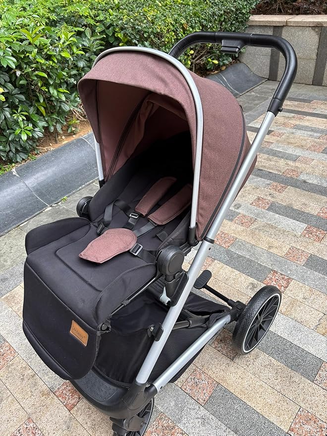 Compact Stroller,Convertible Stroller with Reversible Seat, Foldable Buggy with Oversized Wheels Luxury Baby Carriage Suit Toddler Infant,Gray (Brown)