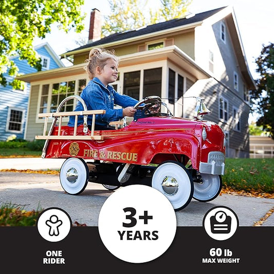 Kid Trax Fire Truck Pedal Car for Toddlers, Ages 3-5, Easy Assembly, Durable Steel, Indoor/Outdoor Ride-On, 60lbs Max, Classic Style, Functional Steering, Red, Kids Fire Truck Ride-On, Vintage