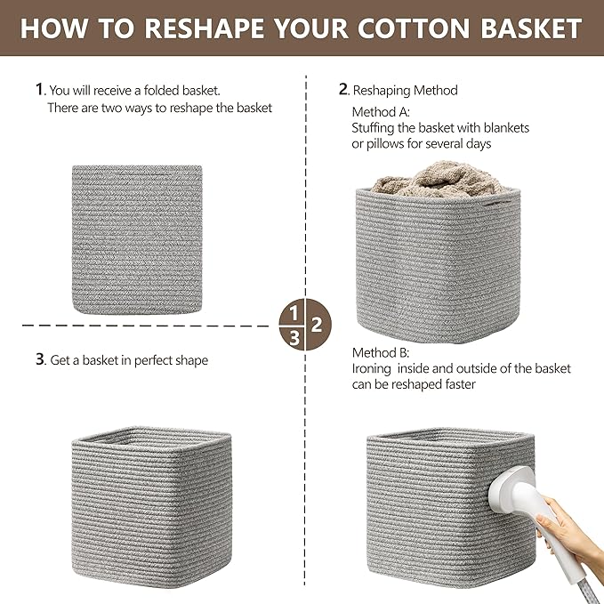 joybest 11inch Cube Storage Bins Set of 4, Cotton Rope Woven Organizer Basket for Shelves, Cube Bin Square Shelves Organizer Closet Storage, Nursery, Toy Organization, Gray