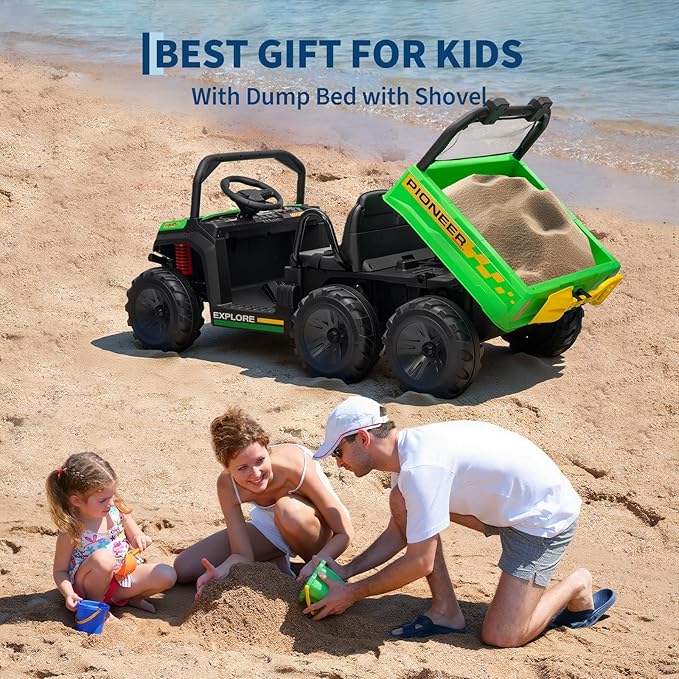24V 4WD Electric Dump Truck for Kids, 2 Seater Remote Control Ride On Car with Dump Bed, All Terrain Vehicle Toy for Boys & Girls 3-8 Years Old, Green
