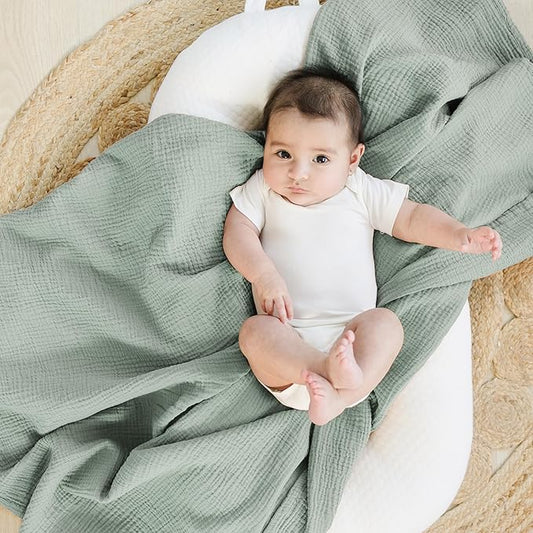 Konssy Muslin Swaddle Blankets for Boys Girls, 2 Pack Receiving Baby Blanket Large 47 x 47 inches, Soft Breathable Swaddling Wrap for Unisex Newborn (Green,Green Dino)