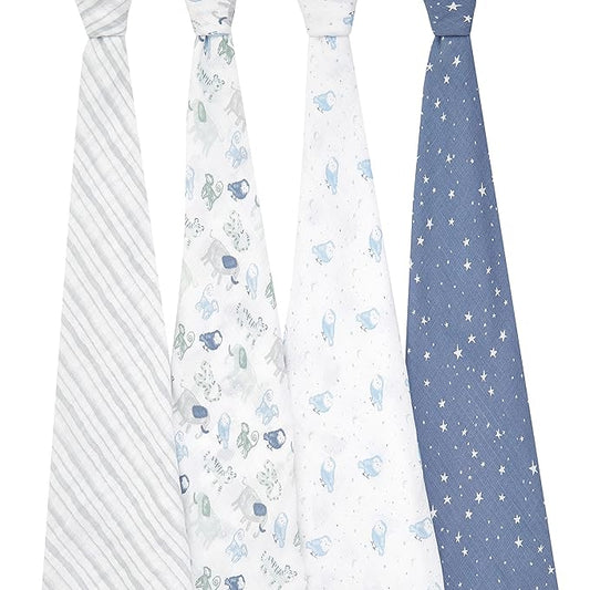 aden + anais Essentials Swaddle Blanket, Boutique Muslin Blankets for Girls & Boys, Baby Receiving Swaddles, Ideal Newborn & Infant Swaddling Set, Perfect Shower Gifts, 4 Pack, Time to Dream