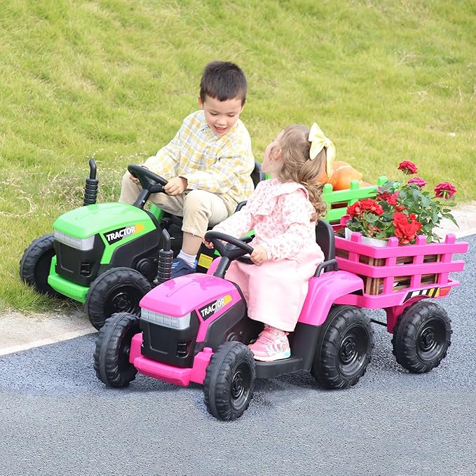 TOBBI Kids Electric Ride On Toy Tractor, Toddlers 12V Battery-Powered Car to Drive, 35W Dual Motor 6-Wheels Trailer Vehicle with 3-Speeds/LED & Horn Functions for Chirdren Aged 3-6-Pink
