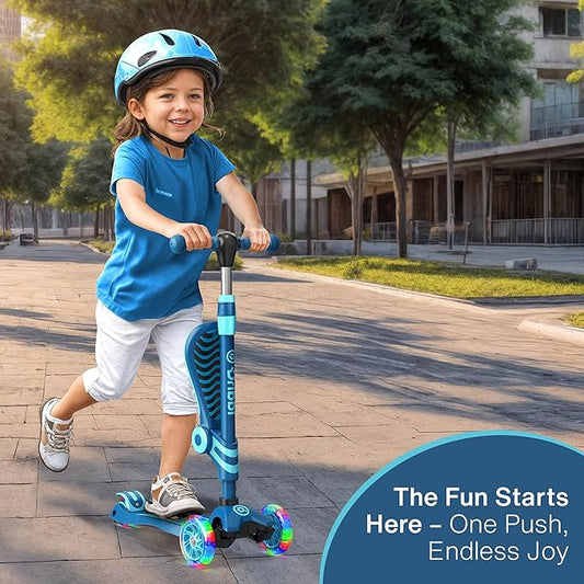 Blue 3 Wheel Scooter with Seat for Kids, Light-Up Wheels, Adjustable Lean to Steer Handlebar and Seat, Smooth Wheels, Wide No-Slip Deck, Rear Foot Brake, Toddler Outdoor Toys for Ages 2+
