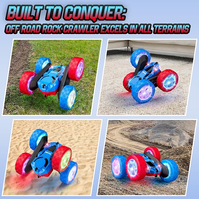 Remote Control RC Car for Kids 6-12, High-Speed 4WD Stunt Car with LED Lights & 360° Rotation, 2.4GHz Off-Road Vehicle Toy with Rechargeable Battery, Cool Christmas and Birthday Gift for Boys