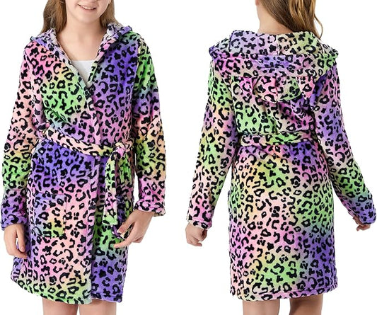 Topgal Leopard Cat Robe for Girls Fleece Toddler Kids Teen Hooded Bathrobe Size 4T-18