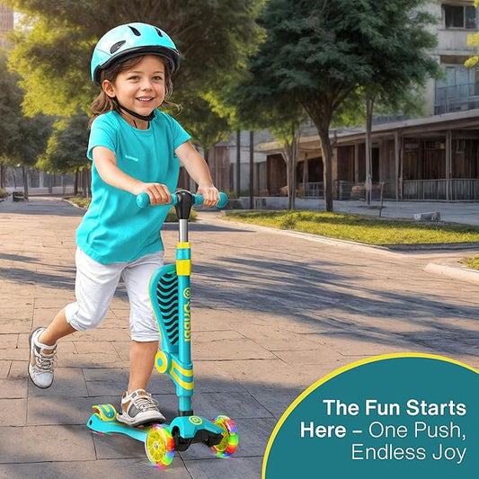 Aqua and Yellow 3 Wheel Scooter with Seat for Kids, Light-Up Wheels, Adjustable Lean to Steer Handlebar and Seat, Smooth Wheels, Wide No-Slip Deck, Rear Foot Brake, Toddler Outdoor Toys for Ages 2+