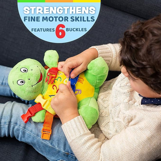 Buckle Toys - Bucky Turtle - Toddler Learning Activity - Develop Motor Skills and Problem Solving - Counting and Color Recognition - Sensory Stuffed Animal Travel Toy