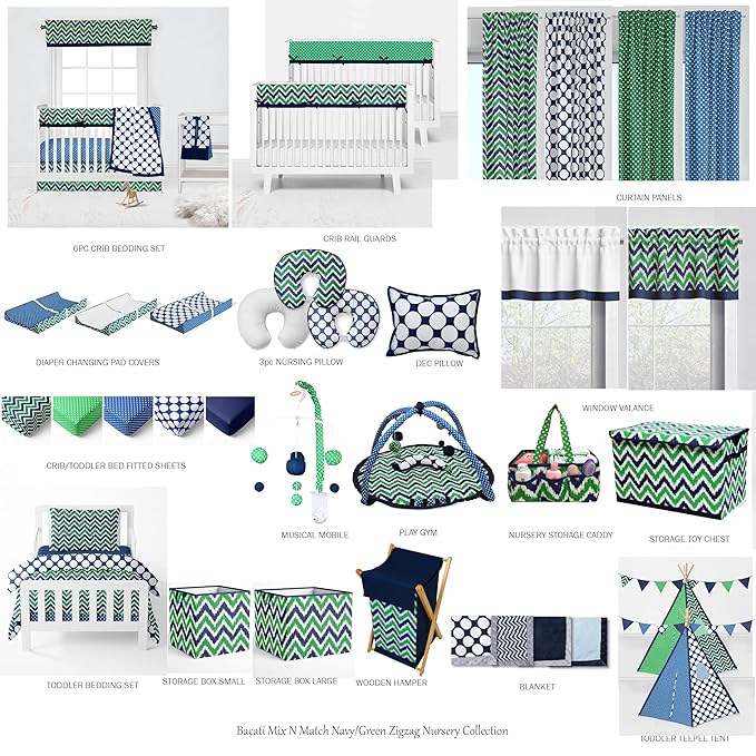 Bacati - Mix N Match 4 Pc Toddler Bedding Set 100 Percent Cotton Includes Reversible Comforter, Fitted Sheet, Top Sheet, and Pillow Case for Boys (Navy/Green)