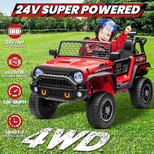 24V XL 2 Seater Ride On Toys Car for Big Kids, 4WD/2WD Switchable Electric Truck w/20'' Wide Seat, Remote Control, 4-Wheeler Suspension, Xmas & Birthday Gift Ideas for Kid Boys Girls, Red