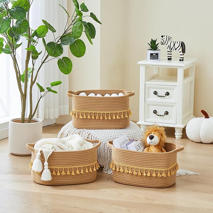 BUBUSUN Storage Bins Woven Baskets for Storage Set of 3, Cotton Rope Basket with Handles for Toys/Shelves/Laundry, Rectangle Multi-Purpose Organizer for Living Room, Bedroom, Nursery (Brown)