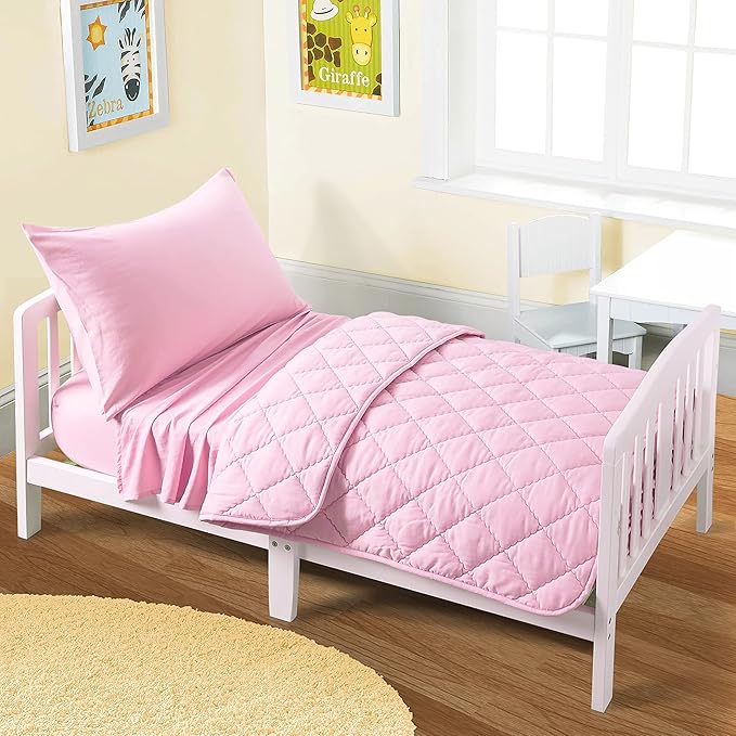 FLXXIE 4 Pieces Toddler Bedding Set, Soft and Breathable Microfiber Crib Sheet Set, Includes Quilted Comforter, Flat Top Sheet, Fitted Sheet, Envelope Pillow Case for Boys and Girls, Pink