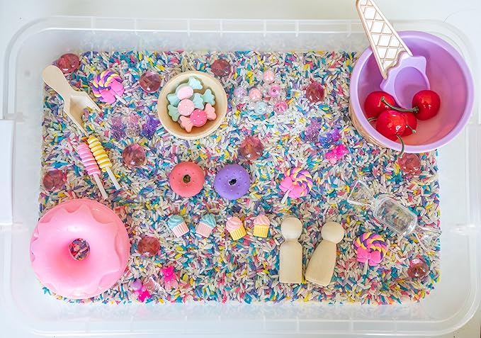 Sweets Shop Sensory Bin Kit for Kids – Bright Rainbow Rice, Candy Erasers, Donut Containers & Wooden Tools – Includes Clear Storage Bin