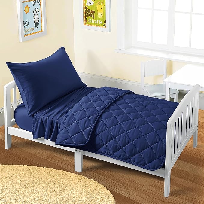 FLXXIE 4 Pieces Toddler Bedding Set, Soft and Breathable Microfiber Crib Sheet Set, Includes Quilted Comforter, Flat Top Sheet, Fitted Sheet, Envelope Pillow Case for Boys and Girls, Navy Blue