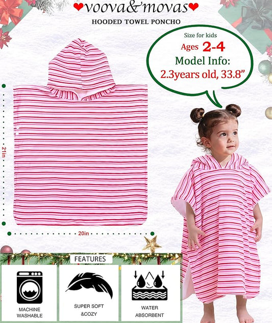 VOOVA & MOVAS Thick Double-Layered Baby Bath Towel (2-4 Years, 20x21 Inches) | Ultra Soft & Absorbent Cotton | Toddler Hooded Poncho Towel for Swimming, Beach, Shower & Winter, Pink Stripe