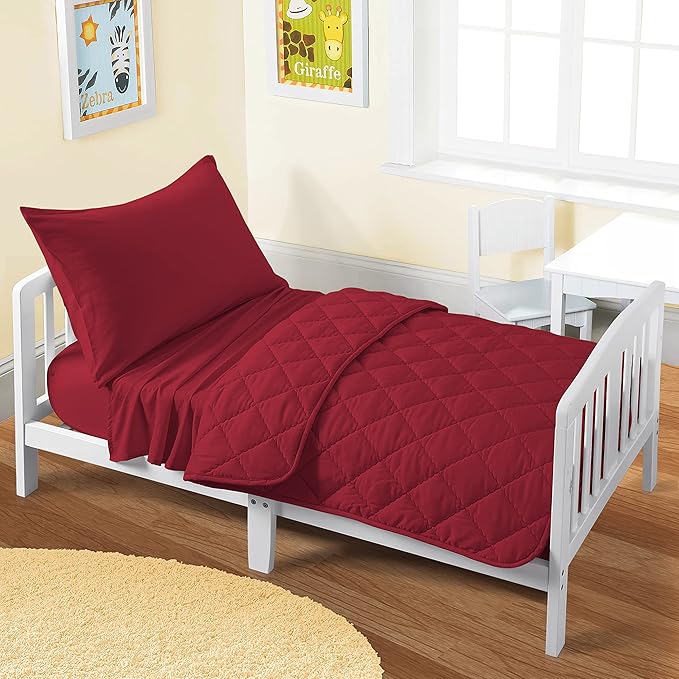 FLXXIE 4 Pieces Toddler Bedding Set, Soft and Breathable Microfiber Crib Sheet Set, Includes Quilted Comforter, Flat Top Sheet, Fitted Sheet, Envelope Pillow Case for Boys and Girls, Burgundy