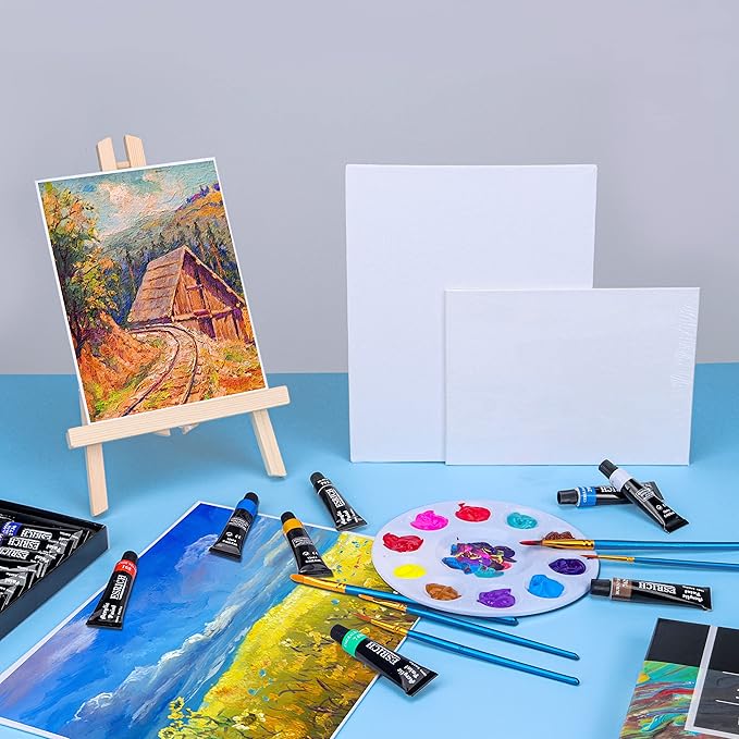 ESRICH Acrylic Paint Canvas Set, 42 Piece Professional Premium Paint Kit with 1 Wood Easel, 24Colors, 10 Brushes, 6 Canvases, Painting Supplies Kit Artists and Beginner