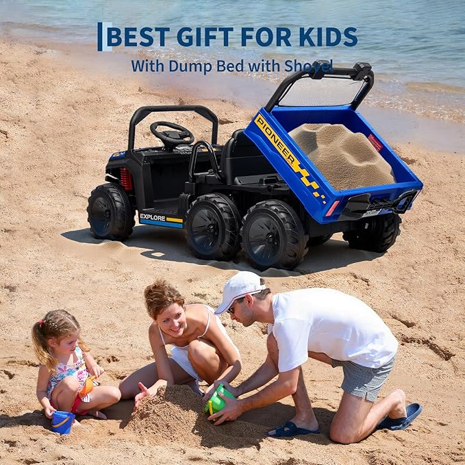 24V 4WD Electric Dump Truck for Kids, 2 Seater Remote Control Ride On Car with Dump Bed, All Terrain Vehicle Toy for Boys & Girls 3-8 Years Old, Blue