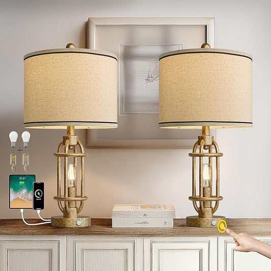 G-SAFAVA 23.75'' Table Lamps Set of 2 for Living Room Bedroom Industrial Farmhouse Metal Touch Lamps with USB A+C Ports, Night Light Vintage Nightstand Bedside Lamp, Bulbs Included, Champagne Gold