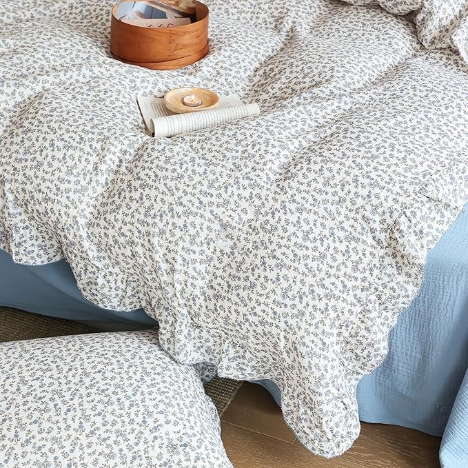 BuLuTu Chic Shabby Floral Girls Boys Duvet Cover Twin Size, Blue Flower Print Kids Duvet Cotton Muslin Soft Breathable Ruffled Quilt Cover Children Bedding, Zipper Closure