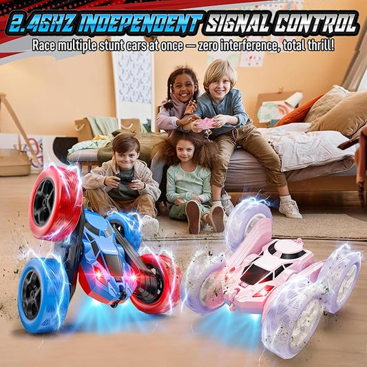 STEM Remote Control Car for Kids, 360° Spinning Double-Sided Coloured Design RC Stunt Car with LED Lights, USB-C Rechargeable Educational Toy for Boys Ages 6–12, Ideal Birthday