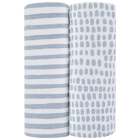 Ely’s & Co. Patent Pending Waterproof Changing Pad Cover|Cradle Sheet 2-Pack Set for Baby Boy - 100% Cotton, Jersey Knit Cotton Sheets with Waterproof Lining — Misty Blue, Stripes and Splashes