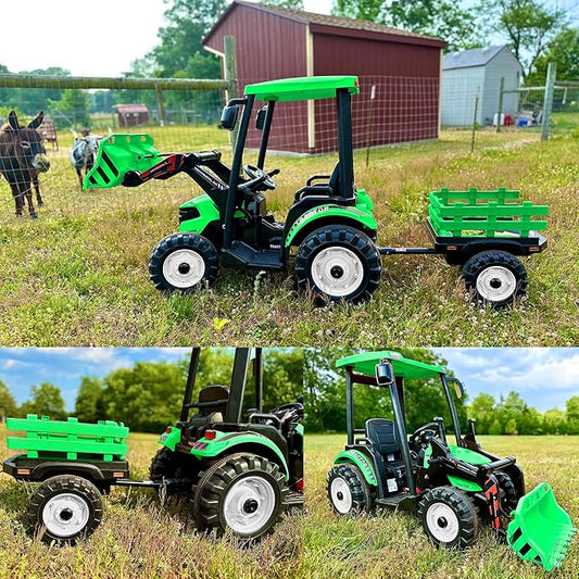 Kidsera 24V Kids Ride on Tractor with Trailer & Front Loader, 3 In1 Tractor 4-Gearbox 24volt Dual Motors Metal Frame, 24V Ride on Toys for Big Kids, Power Wheels Kids Electric Vehicles (Green)