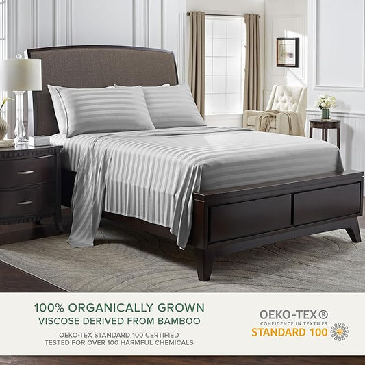 Pure Bamboo King Sheets, Genuine 100% Organic Viscose Derived from Bamboo Bed Sheet Set, Luxuriously Soft & Cooling, Double Stitching, 2 Year Quality Promise (King, Jacquard Silver)