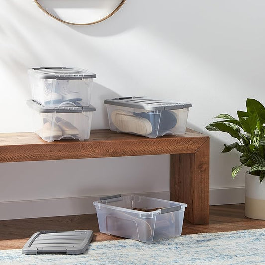 Amazon Basics Plastic Storage Containers with Secure Latching Lids, Stackable Organization Bins, Clear/Grey, 12 Quart, Set of 6