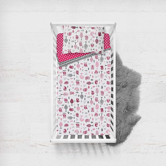 Bacati Owls Girls Cotton 4 Pc Toddler Bedding Set, Pink/Grey