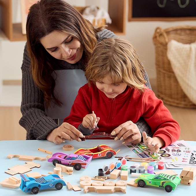 Klever Kits 4 DIY Wooden Race Cars-Build & Paint Your Own Wood Craft Kit, 4 Race Cars Toy, Easy to Assemble Arts Crafts Kit, Birthday Party Presents for Kids Boys and Girls