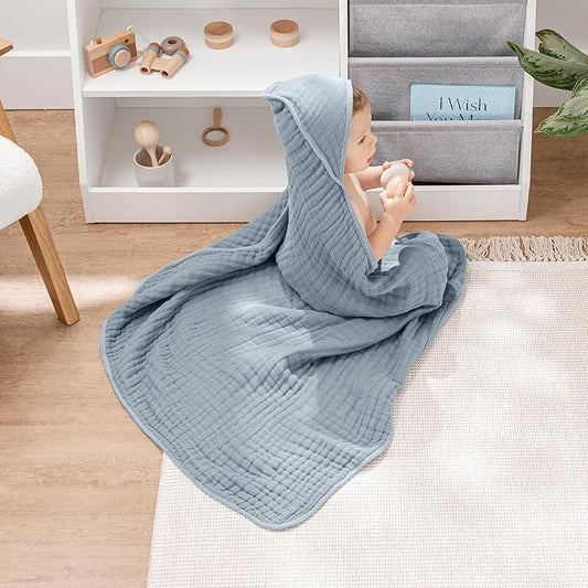 Comfy Cubs Hooded Baby Towel 1-Pack, Large 32 x 32 Inch - 6 Layer 100% Muslin Cotton for Babies, Toddlers and Kids - Soft & Absorbent Baby Bath Towels - Unisex Design for Bath Time - Pacific Blue
