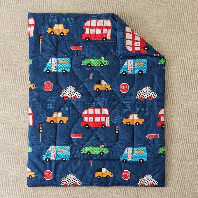 Caressma Navy Toddler Bedding Set Bed-in-a-Bag 4 Pieces, Soft Microfiber Kids Comforter with Cars,Buses & Traffic Lights Pattern, Includes Comforter, Fitted Sheet, Flat Sheet & Pillowcase