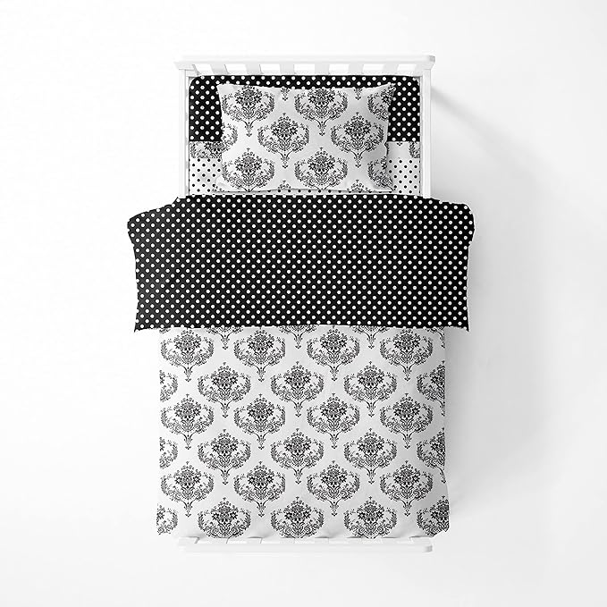 Bacati - Classic Damask Black/White 4 Pc Neutral dler Bedding Set 100 Percent Cotton Includes Reversible Comforter, Fitted Sheet, Top Sheet, and Pillow Case for Boys/Girls