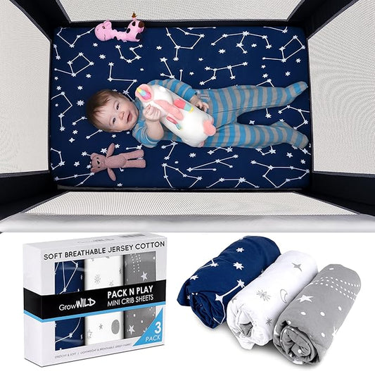 GROW WILD Pack n Play, Mini Crib Sheets 3-Pack | Soft Jersey Sheet Set for Boys or Girls | Playard Mattress, Pack and Play Sheets Fitted | Portable Bassinet Sheet - Stars & Moon Nursery Bedding