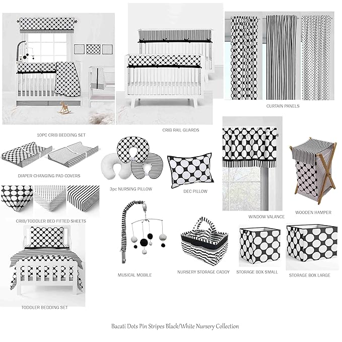 Bacati - Dots/pin Stripes Black/White 4 Pc Neutral Toddler Bedding Set 100 Percent Cotton Includes Reversible Comforter, Fitted Sheet, Top Sheet, and Pillow Case for Boys/Girls