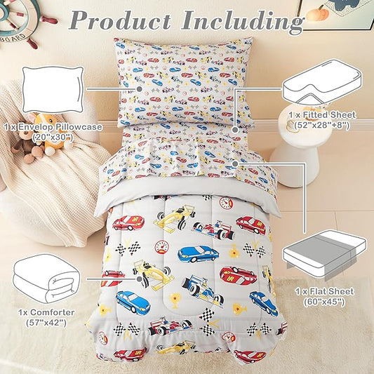 Mooreeke 4 Pieces Toddler Bedding Set - Soft Race Cars Toddler Comforter Sets for Girls, Includes Quilted Comforter, Flat Sheet, Fitted Sheet and Pillowcase, Bed in A Bag for Baby Bedroom