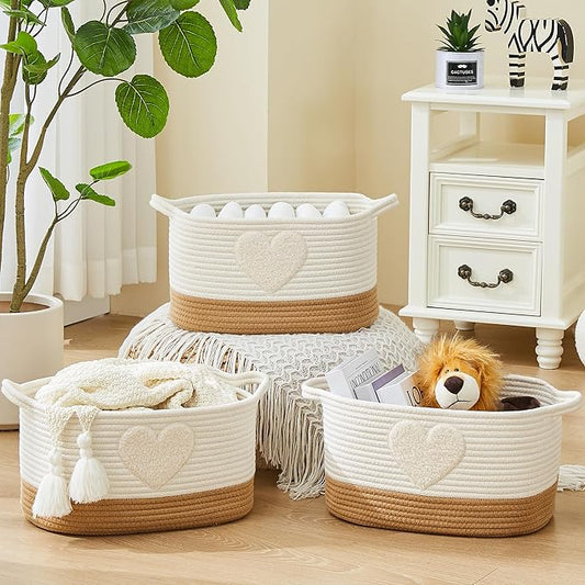 BUBUSUN Storage Bins Woven Baskets for Storage Set of 3, Cotton Rope Basket with Handles for Toys/Shelves/Laundry, Rectangle Multi-Purpose Organizer for Living Room, Bedroom, Nursery (Heart)