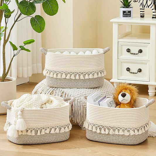 BUBUSUN Storage Bins Woven Baskets for Storage Set of 3, Cotton Rope Basket with Handles for Toys/Shelves/Laundry, Rectangle Multi-Purpose Organizer for Living Room, Bedroom, Nursery (White/Beige)