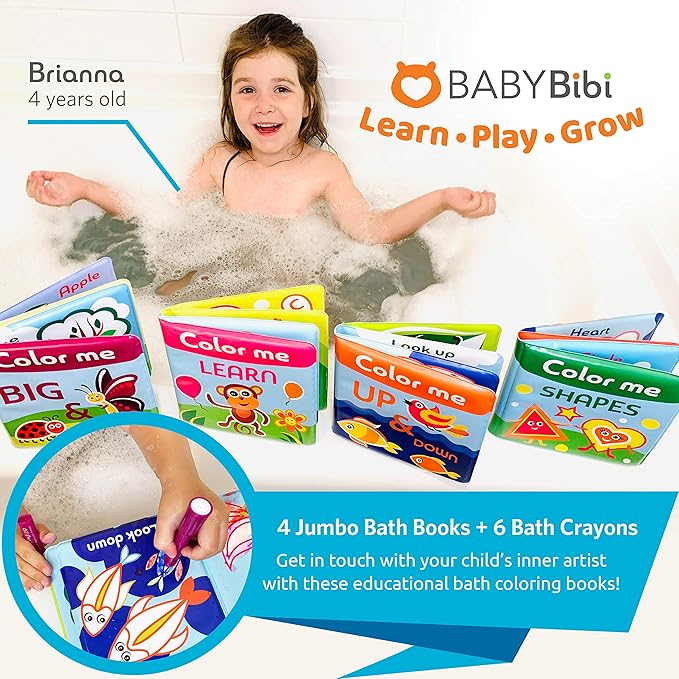 BabyBibi Color Me Bath Books Plus Crayons – Set of 4 Different Books – Includes 6 Washable Bath Crayons – Learn and Play Including Opposites and Shapes – Suitable for 2+