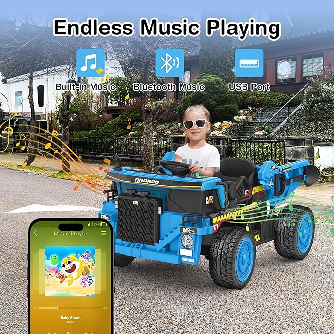 ANPABO 24V Ride On Dump Truck, 2X75W Powerful Motors, Up to 4.4Mph, EVA Tires, Construction Vehicle w/Electric Dump Bed and Extra Shovel, 19" Spacious 2 Seater, Kids Car w/Parent Remote -Blue