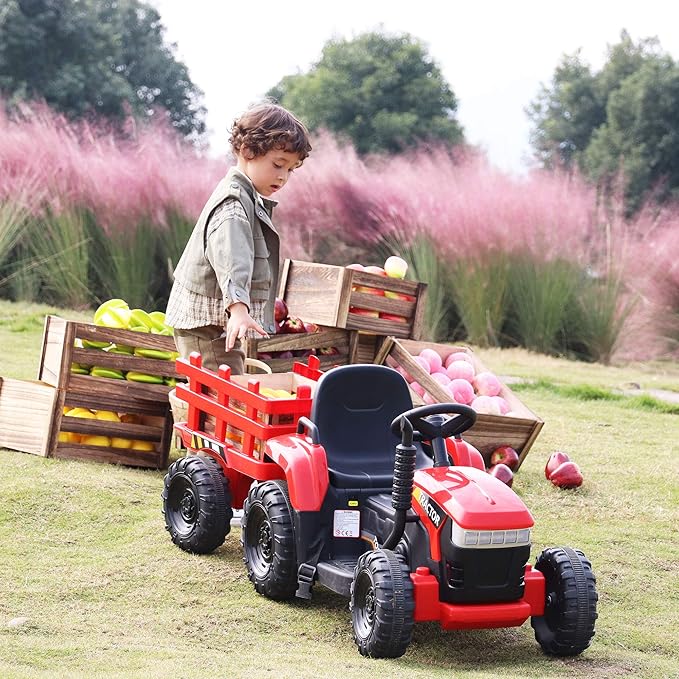 TOBBI Kids Electric Toy Tractor with Trailer, Toddlers 12V Battery-Powered 6-Wheels Vehicle, Ride On Car to Drive with 35W Dual Motor/3-Speeds/LED & Horn Functions for Chirdren Aged 3-6-Red