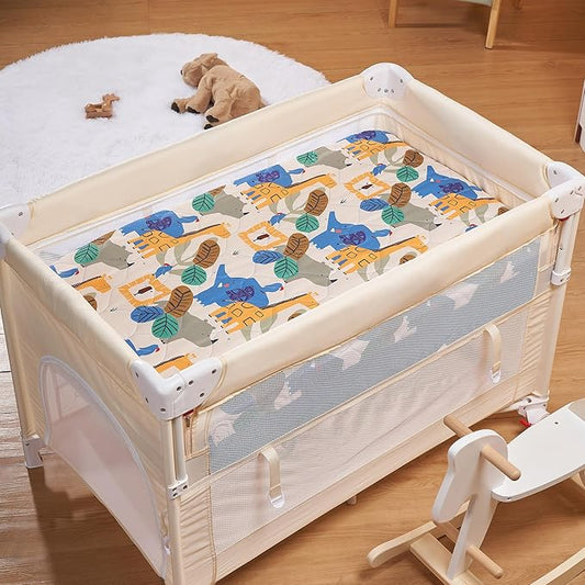 TILLYOU Pack and Play Sheet - Soft Quilted Crib Cover Pad, Toddlers Mattress Protector with 1''-3'' Deep Pocket, Thick Play Yard Playpen Sheets, Crib Mattress Pad 39"x27", Animal Geometry