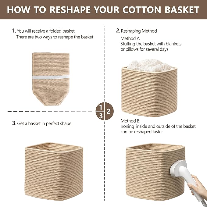 joybest 11inch Cube Storage Bins Set of 4, Cotton Rope Woven Organizer Basket for Shelves, Cube Bin Square Shelves Organizer Closet Storage, Nursery, Toy Organization, Brown