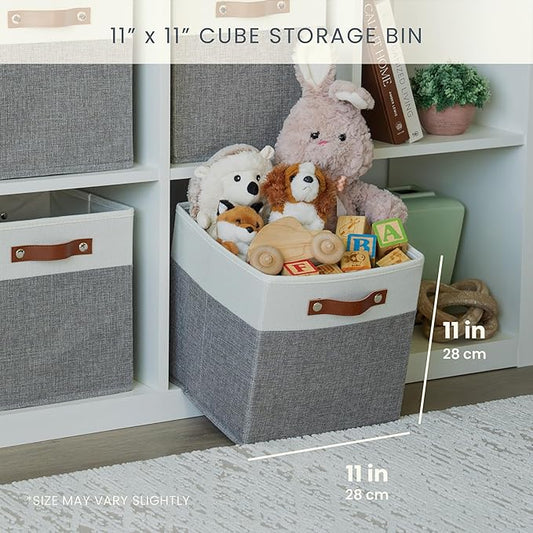 OrganiHaus 11" x 11" x 11" Fabric Cube Storage Bins Set of 4, Foldable Collapsible Canvas Storage Bins for Organizer, 11 inch Cubbies Organizer for Kallax, Linen Cube Shelf Baskets - Grey/White