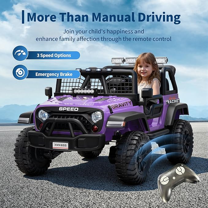 24V 2-Seater Kids Electric Truck with Parent Remote Control, 100Min Ride-on Car, 4WD Dual Motor, 2 Speeds, Spring Shock Absorber, LED Headlights, Siblings Gift Kids Electric Vehicle, Purple