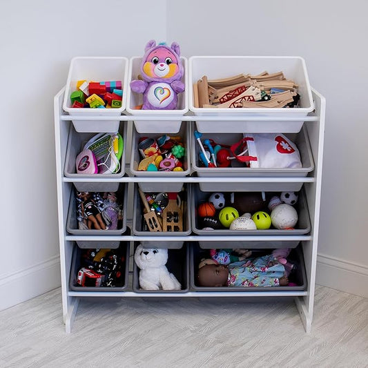 12-Bin Toy Organizer – White/Grey Gradient Ombre Frame with Chalkboard, Eraser & Chalk, Multi-Tier Storage for Kids' Playrooms and Nurseries