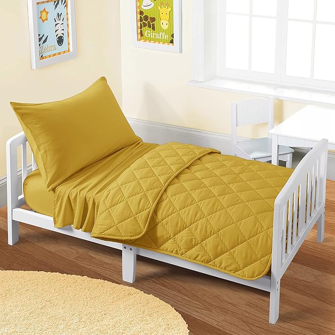 FLXXIE 4 Pieces Toddler Bedding Set, Soft and Breathable Microfiber Crib Sheet Set, Includes Quilted Comforter, Flat Top Sheet, Fitted Sheet, Envelope Pillow Case for Boys and Girls, Yellow